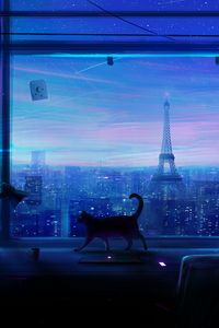 Preview wallpaper cat, art, window, city, view
