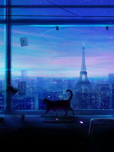Preview wallpaper cat, art, window, city, view