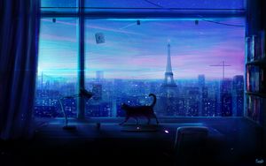 Preview wallpaper cat, art, window, city, view