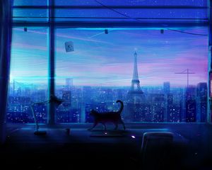 Preview wallpaper cat, art, window, city, view