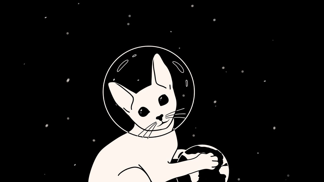 Wallpaper cat, astronaut, space, planet, art, black and white