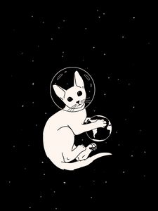 Preview wallpaper cat, astronaut, space, planet, art, black and white