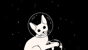 Preview wallpaper cat, astronaut, space, planet, art, black and white