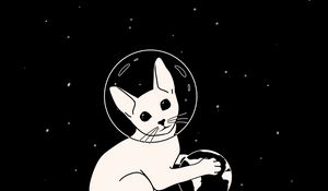 Preview wallpaper cat, astronaut, space, planet, art, black and white