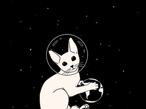 Preview wallpaper cat, astronaut, space, planet, art, black and white