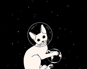 Preview wallpaper cat, astronaut, space, planet, art, black and white