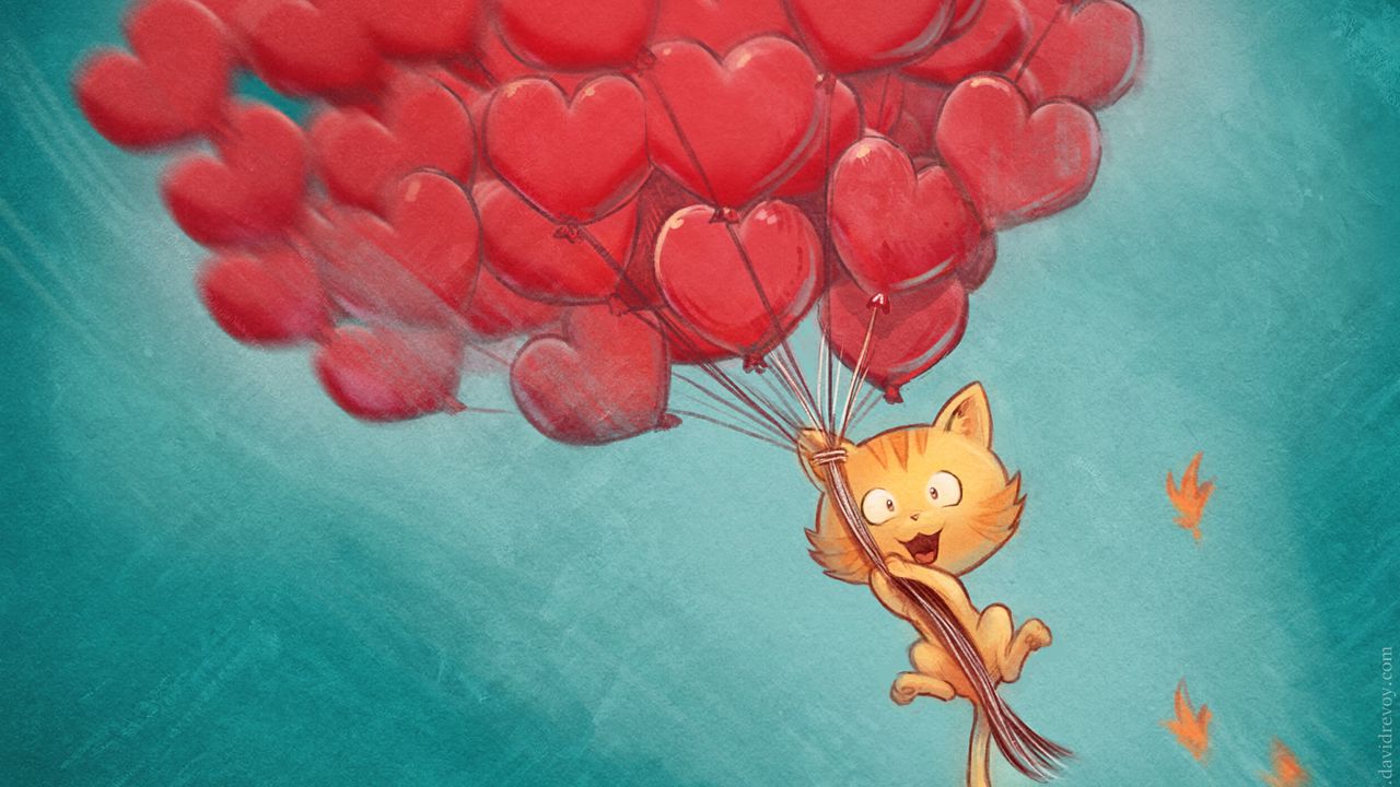 Wallpaper cat, balloons, hearts, flight, sky, art