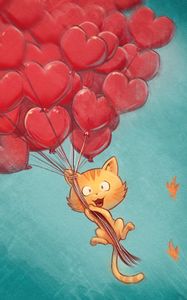 Preview wallpaper cat, balloons, hearts, flight, sky, art