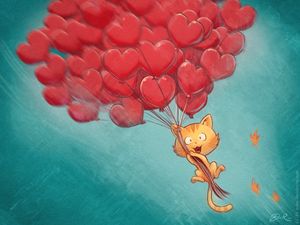 Preview wallpaper cat, balloons, hearts, flight, sky, art