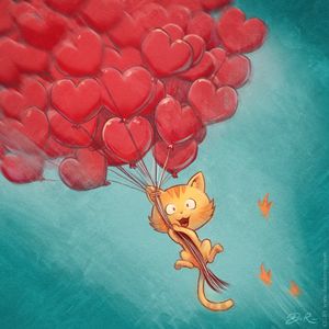 Preview wallpaper cat, balloons, hearts, flight, sky, art
