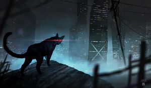 Preview wallpaper cat, black cat, eyes, rays, art