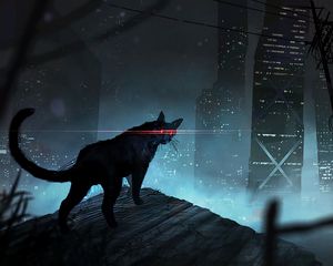 Preview wallpaper cat, black cat, eyes, rays, art