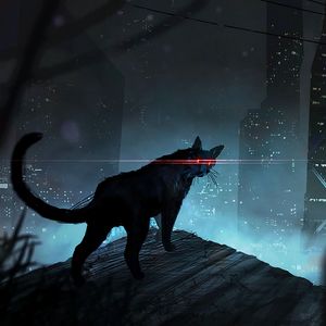 Preview wallpaper cat, black cat, eyes, rays, art