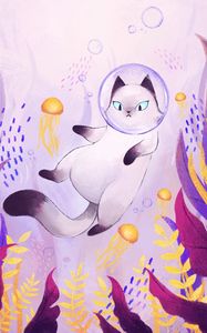 Preview wallpaper cat, bubble, spacesuit, underwater world, art