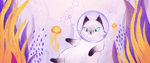 Preview wallpaper cat, bubble, spacesuit, underwater world, art