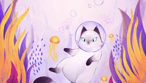 Preview wallpaper cat, bubble, spacesuit, underwater world, art