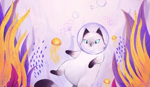 Preview wallpaper cat, bubble, spacesuit, underwater world, art