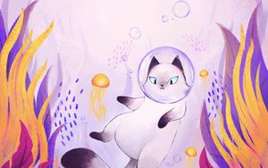 Preview wallpaper cat, bubble, spacesuit, underwater world, art