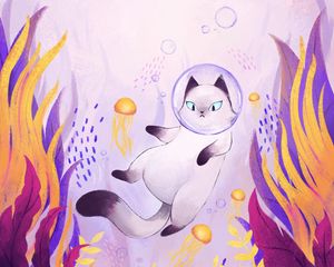 Preview wallpaper cat, bubble, spacesuit, underwater world, art