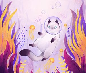 Preview wallpaper cat, bubble, spacesuit, underwater world, art