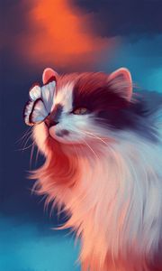 Preview wallpaper cat, butterfly, art, fluffy, cute