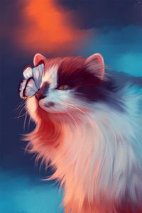 Preview wallpaper cat, butterfly, art, fluffy, cute