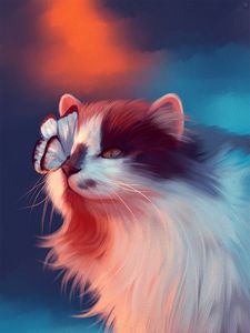 Preview wallpaper cat, butterfly, art, fluffy, cute