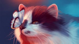 Preview wallpaper cat, butterfly, art, fluffy, cute