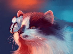 Preview wallpaper cat, butterfly, art, fluffy, cute