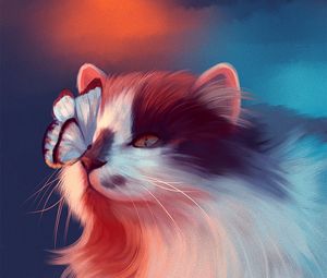 Preview wallpaper cat, butterfly, art, fluffy, cute