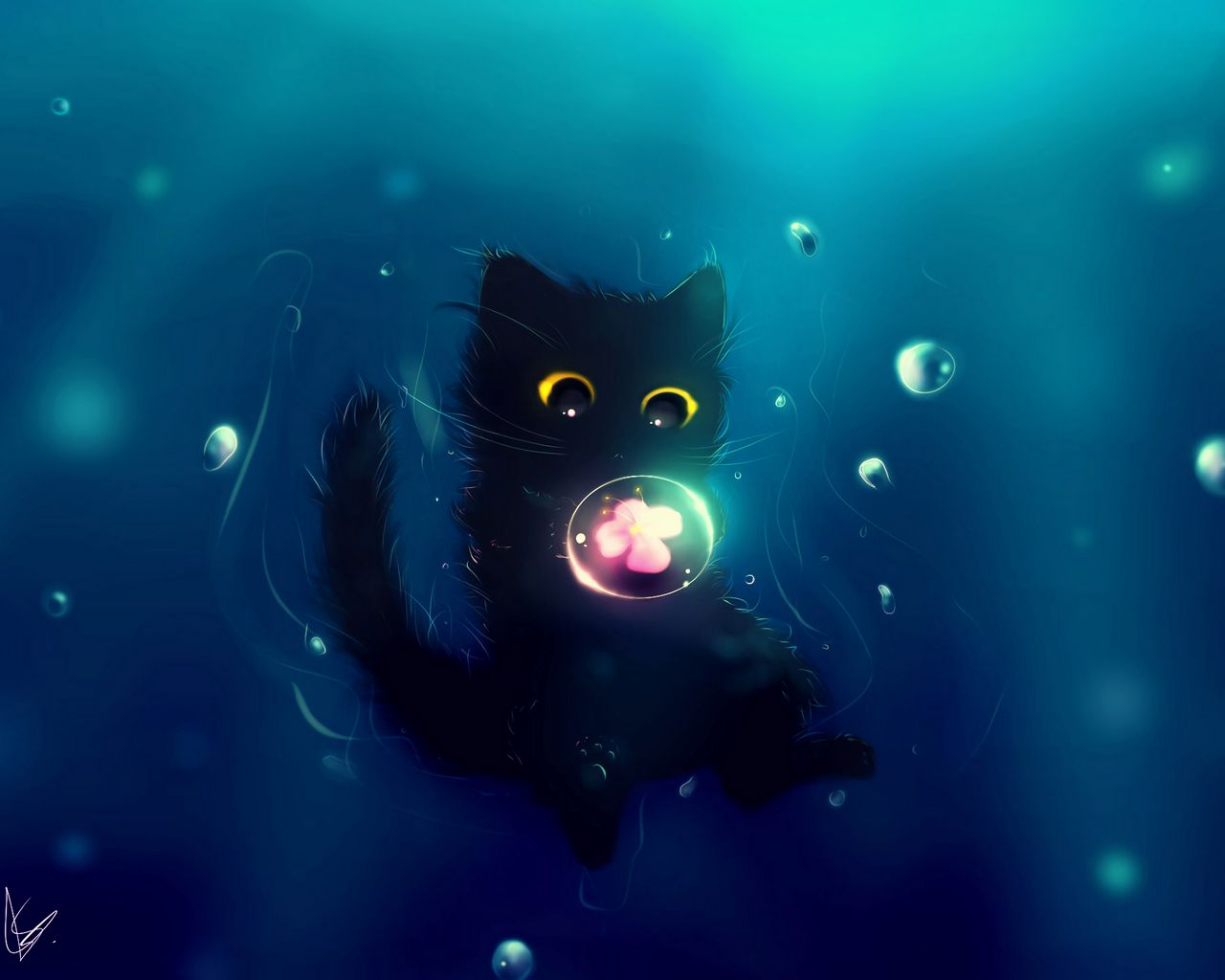 1280x1024 Wallpaper cat, cute, ball, flower, art