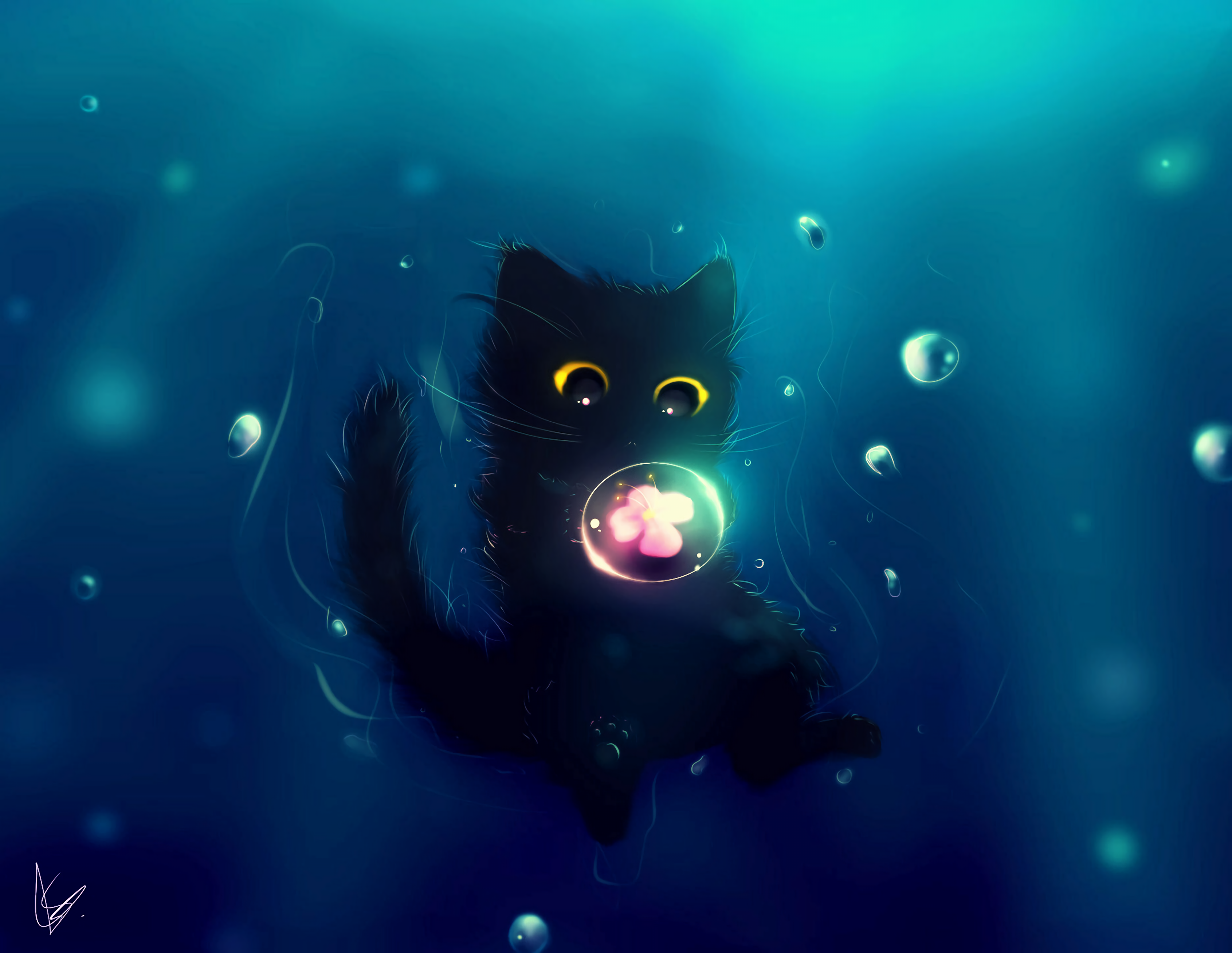 3382x2616 Wallpaper cat, cute, ball, flower, art