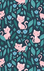 Preview wallpaper cat, cute, flowers, leaves, pattern