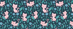 Preview wallpaper cat, cute, flowers, leaves, pattern