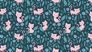 Preview wallpaper cat, cute, flowers, leaves, pattern