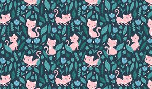 Preview wallpaper cat, cute, flowers, leaves, pattern