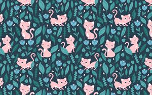 Preview wallpaper cat, cute, flowers, leaves, pattern