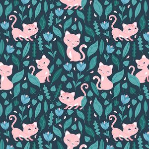 Preview wallpaper cat, cute, flowers, leaves, pattern