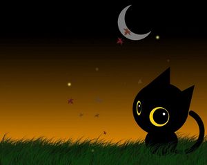 Preview wallpaper cat, drawing, big-eyed, moon, nature