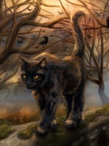 Preview wallpaper cat, fairy tale, pet, tree, art