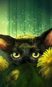 Preview wallpaper cat, flowers, art, eyes, glance