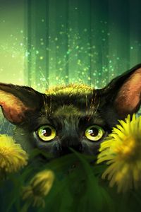 Preview wallpaper cat, flowers, art, eyes, glance
