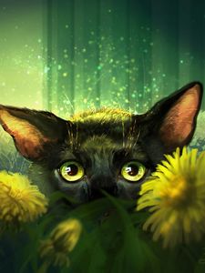 Preview wallpaper cat, flowers, art, eyes, glance