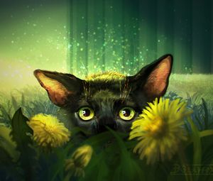 Preview wallpaper cat, flowers, art, eyes, glance