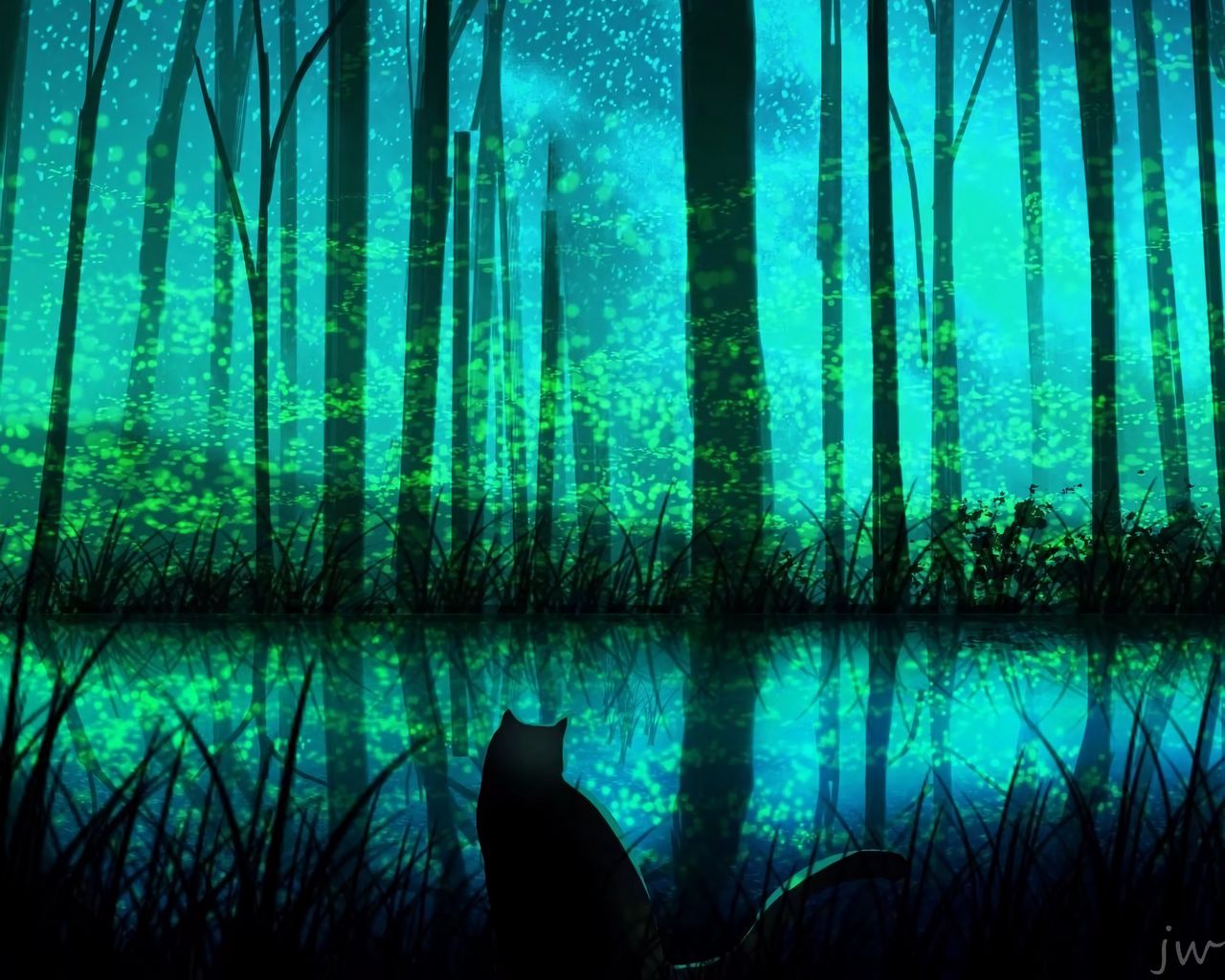 Download wallpaper 1280x1024 cat, forest, lake, night, art standard 5:4