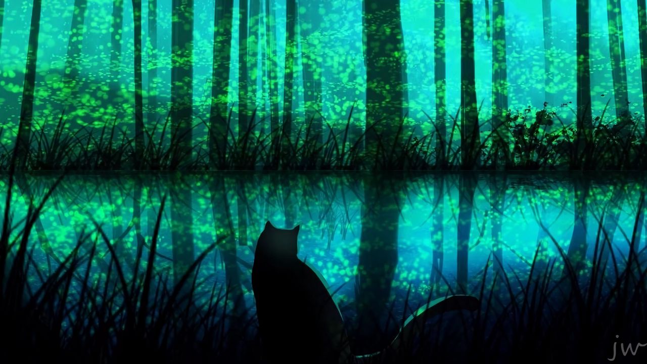 Wallpaper cat, forest, lake, night, art