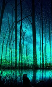 Preview wallpaper cat, forest, lake, night, art