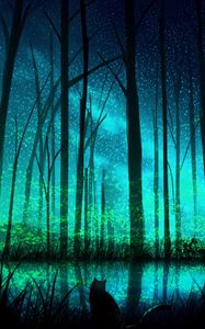 Preview wallpaper cat, forest, lake, night, art