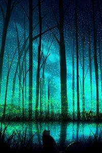 Preview wallpaper cat, forest, lake, night, art