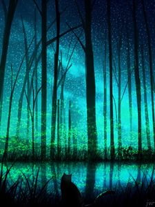 Preview wallpaper cat, forest, lake, night, art